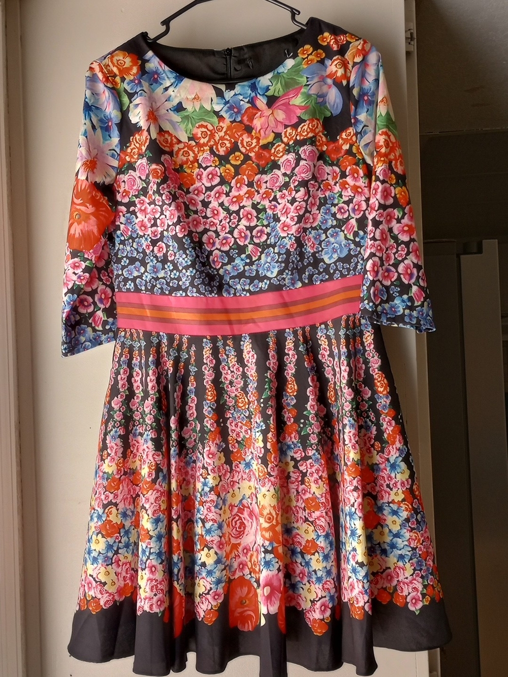 Girls Floral Fit & Flare Dress in Black with Multicolor Blooms